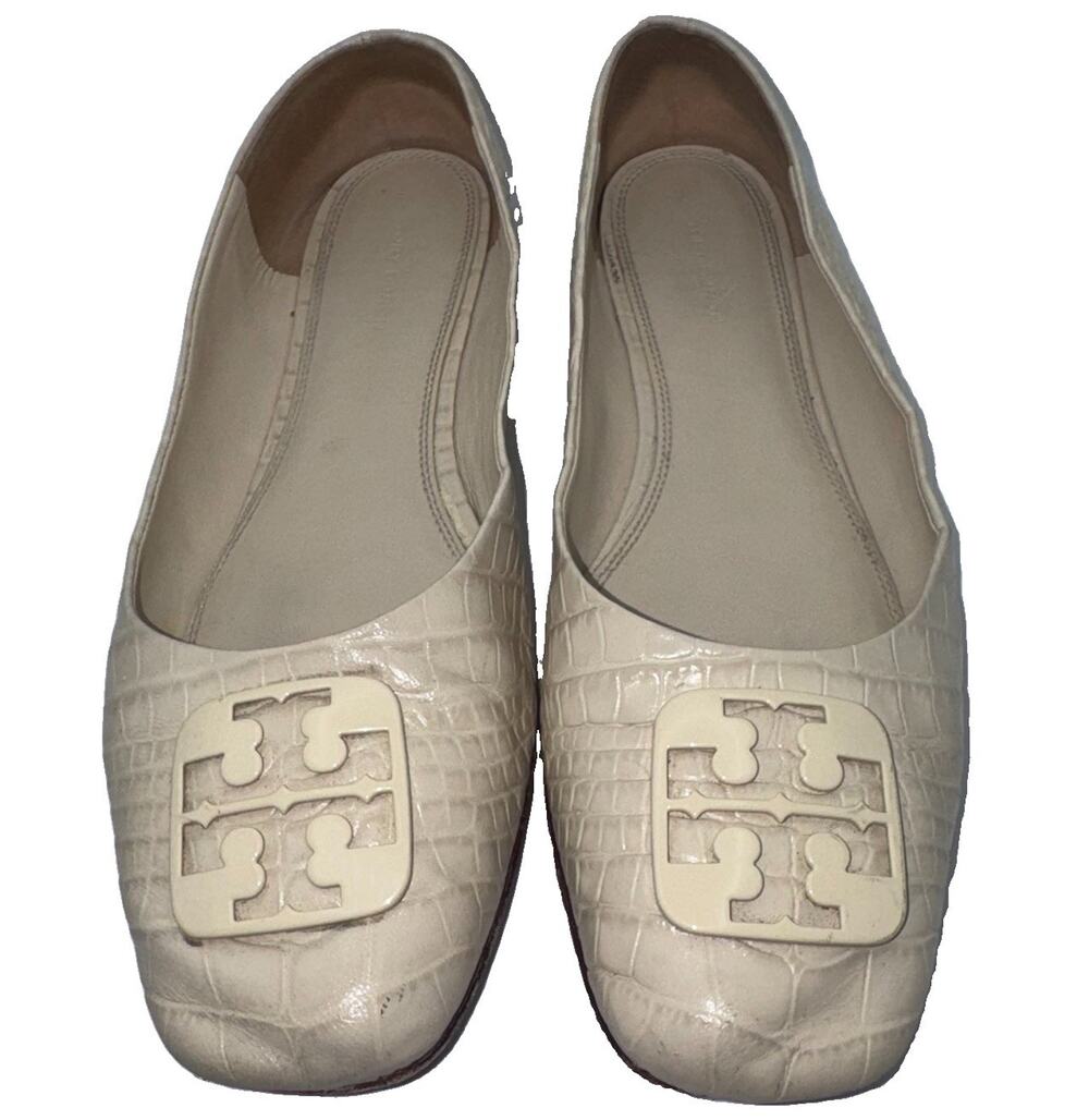 Tory Burch Georgia Ballet Flats Ivory Croc Embossed Logo Womens 10.5M